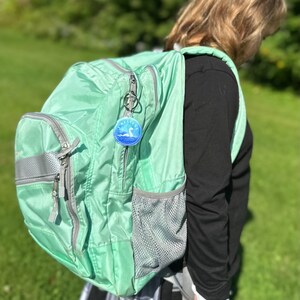 Puede incluir: Una mochila verde claro con un bolsillo de malla gris y una cremallera plateada. Un llavero redondo con un dise&ntilde;o azul y blanco est&aacute; unido al tirador de la cremallera.