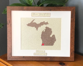 Personalized Bronze Anniversary Gift, State Outline, Wedding Song, Framed