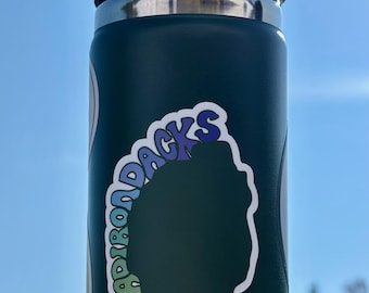 May include: A green reusable water bottle with a sticker of the Adirondack Mountains in a rainbow color scheme.
