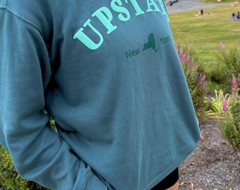May include: Teal crewneck sweatshirt with the word "UPSTATE" in light green block letters. Below the word "UPSTATE" is the text "New York" with a green outline of the state of New York. The sweatshirt is worn with black shorts.