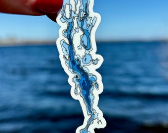 May include: A white sticker with a blue and white outline of a lake. The sticker is held in a hand against a blue water background.
