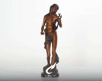Escultura de Musa em Bronze com Lira, Estatueta de Musicista Clássica, Arte Alegórica