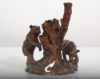 Escultura de grupo de ursos em bronze, dois ursos com toco de árvore, figura da vida selvagem da Floresta Negra.