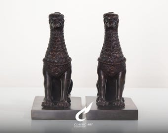 Par de Grifos Guardiões em Latão, Figuras Mitológicas de Águia e Leão Sentados, Decoração de Templo