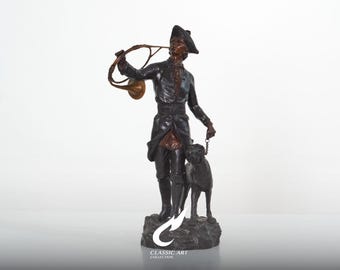 Escultura em bronze de caçador com cão de caça, estatueta vitoriana de guarda-caça, decoração de bronze com cachorro.