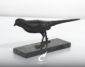 Escultura de faisão em latão, estatueta de pássaro em pé sobre base de mármore verde, decoração de vida selvagem