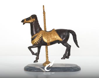 Escultura de cavalo de carrossel em latão, estatueta de carrossel com sela dourada, decoração de parque de diversões