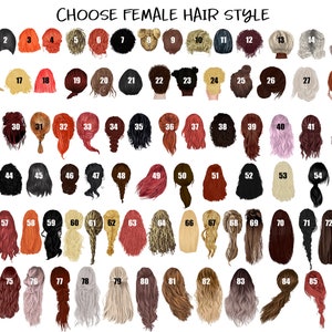 May include: A chart with 86 different female hairstyle options. Each hairstyle is numbered and shown from the back. The hairstyles include long, short, curly, straight, and braided styles.