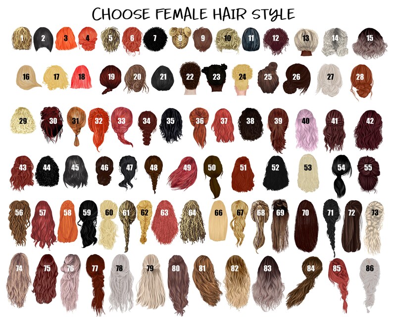 May include: A chart with 86 different female hairstyle options. Each hairstyle is numbered and shown from the back. The hairstyles include long, short, curly, straight, and braided styles.
