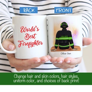 May include: White ceramic mug with a red inscription that reads "World's Best Firefighter". The other side of the mug features a watercolor illustration of a firefighter in uniform with the text "FIRE DEPT." and "Officer Jean".