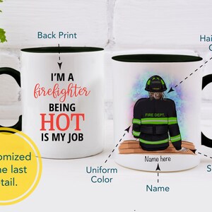 May include: A white ceramic mug with a black handle and rim. The mug has a black and white illustration of a female firefighter on one side and the text "I'm a firefighter being hot is my job" on the other side.