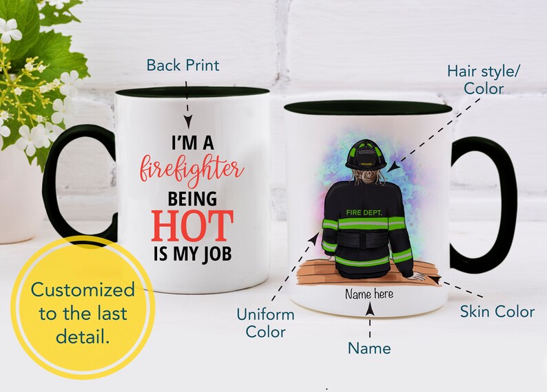 May include: A white ceramic mug with a black handle and rim. The mug has a black and white illustration of a female firefighter on one side and the text "I'm a firefighter being hot is my job" on the other side.