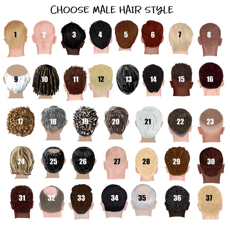 May include: A chart with 37 different male hairstyles, numbered 1 through 37. Each hairstyle is shown from the back of the head.