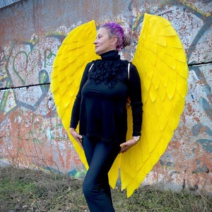 May include: A person wearing a black mock neck shirt and black pants with large yellow angel wings.