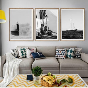 3 Piece Wall Art Black and White, Photography Prints Living Room Wall Decor Set of 3 Nautical Poster, Wall Art Printable, Minimalist Art