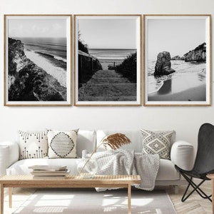 Ensemble côtier de 3 estampes, photos de plage en noir et blanc, impression côtière, ensemble de 3 art mural, ensemble d’impressions océaniques, photographie côtière