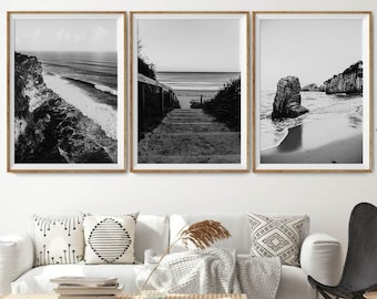 Black and White Beach Photography Set of 3 (Digital Download)