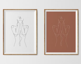 Female line art, Nude Line  Woman One Line, Abstract Nude, Set of 2, Terracotta Line, Feminine Minimal Wall Art, Body Naked Prints.