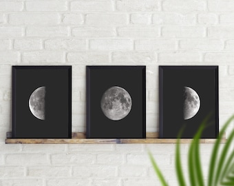 Moon phases poster, Set of 3 Moon Prints, High Quality, Boho Chic Lunar Phases wall art, La Lune Affiche, Sacred Moon, Above bed Art, Space