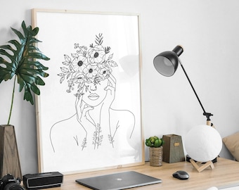 Woman Flowers Line Art Print: Silhouette Lady Drawing (Digital Download)