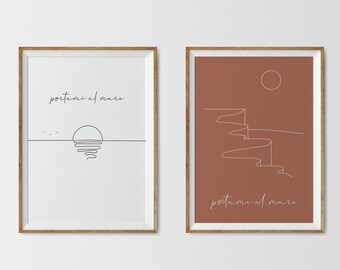 Terracotta Beach Drawing Print: Minimalist Coastal Art (Digital Download)