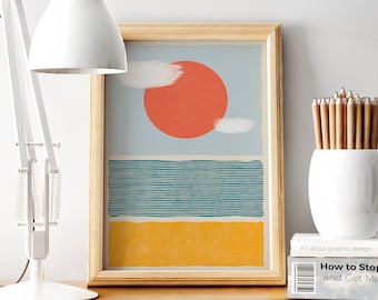 Mid-Century Modern Sun Ocean Print: Retro Scandinavian Wall Art (Digital Download)