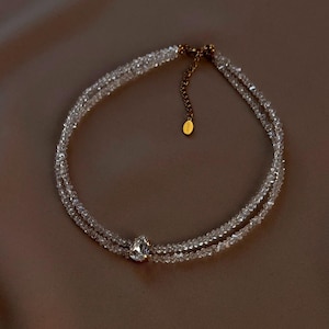 Bridal Double Crystal Choker Necklace with Statement Crystal Charm, Gold Plated Coquette Wedding Jewelry, Christmas Gifts Her