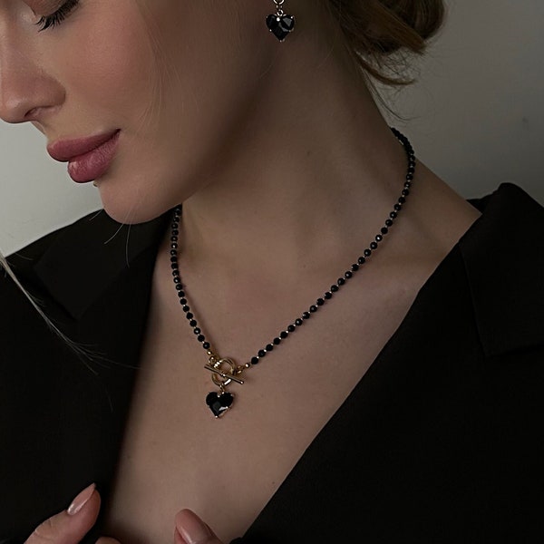 Toggle Clasp Necklace with Heart Pendant, Black Spinel Necklace for Women, Elegant Jewelry Gift for Girlfriend, Wife Anniversary Gift