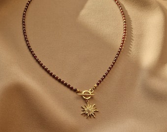 Garnet Necklace with Toggle Clasp and Celestial Sun Pendant, January Birthstone Jewelry, Red Beaded Necklace, Gemstone Garnet Choker