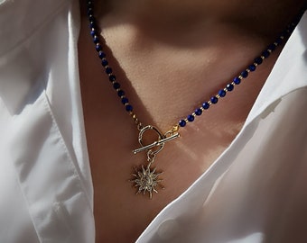Lapis Lazuli Necklace with Gold Sun Pendant, Celestial Pendant Necklace with Toggle Clasp