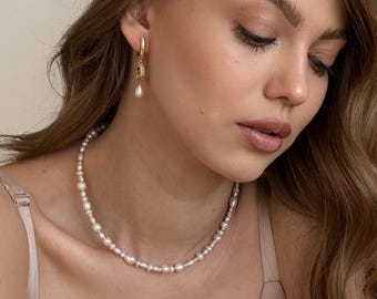 Wedding Elegant Baroque Natural Pearl Necklace, Dangle Drop Pearl Earrings, Bridal Jewelry Set, Beaded Necklace