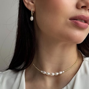Collana girocollo con perline da sposa con perle d'acqua dolce, orecchini pendenti con perle da sposa, regalo di gioielli per la festa nuziale