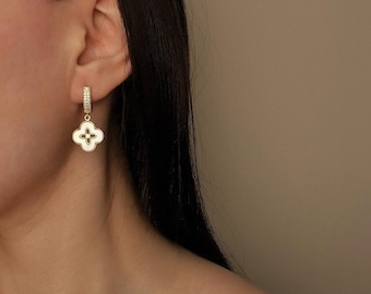 White Clover Earrings Gold Plated, Mother of Pearl Four Leaves Clover Earrings, Dainty Dangle, Drop Earrings, Clover Jewelry for Her Gift