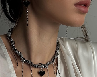 Punk-Choker-Set, Halskette mit schwarzem Herz und Gothic-Armband, trendige Ohrringe – das perfekte Geschenk im Dark-Academia- und Y2K-Stil.