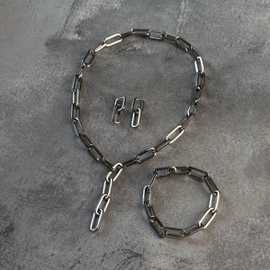 Chunky Silver Link Chain Necklace Adjustable, Statement Womens Jewelry Set, Y Necklace Bold Trendy Thick Chain for Woman Everyday Jewelry
