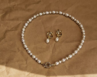 Braut Perlen Schmuck Set, Hochzeit Perle Toggle Halskette, Braut Ohrringe Gold, Naturperlen Schmuck für Braut, echte Süßwasserperlen