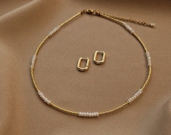 Delicate Seed Bead Choker with Pearls, Dainty Gold Plated Brass Earrings, Beaded Pearl Choker Necklace, Wedding Bridal Jewelry Set
