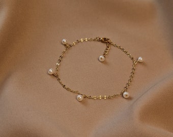 Gold Plated Ankle Bracelet With Real Pearls, Natural Pearls Chain Anklet, Dainty Pearl Pendant Anklet Bracelet For Women, Summer Jewelry