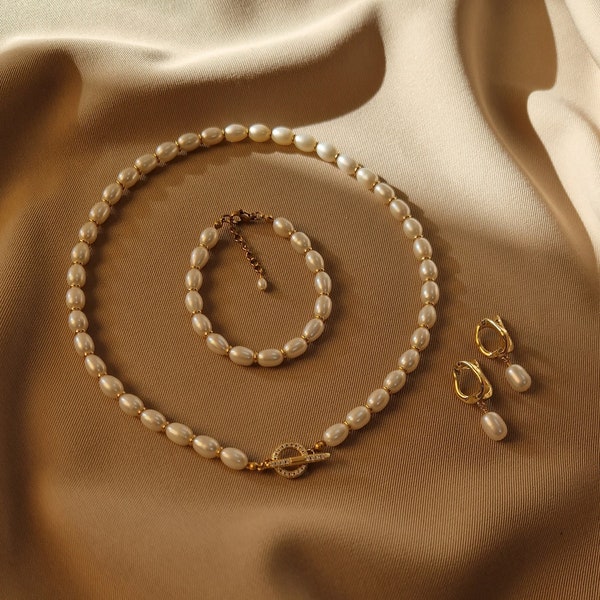 Parure de bijoux en perles véritables, collier de perles avec fermeture à bascule, bracelet de perles plaqué or, boucles d'oreilles pendantes en perles, bijoux de mariée ou de demoiselle d'honneur
