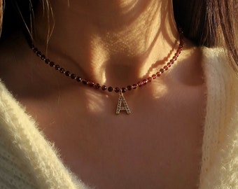 Personalized Garnet Necklace with Letter Pendant, Initial Jewelry January Birthstone Gift for Woman, Custom Jewelry Gift for Her