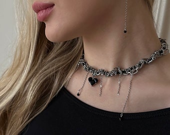 Luxury Heart Pendant Necklace Silver Twisted Chains, Chunky Chain Necklace for Woman Evening Jewelry, Gift for Girlfriend, Spinel Jewelry