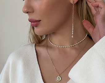 Layered Necklace Set - Pearl Choker and Sun Pendant Long Chain Necklace, Long Gold Earrings with Pearl, Dainty Jewelry for Her Birthday Gift