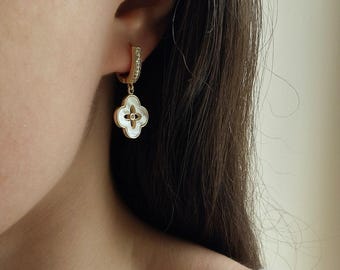 Mother of Pearl Clover Earrings with Cubic Zirconia, Four Leaf Clover Dangle Earrings Gold Plated Brass Jewelry for Her Valentine Day Gift