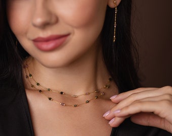 Tourmaline Necklace and Earrings Set, Delicate Layering Necklace, Chain Drop Earrings, Women Jewelry Set, Double Chain Necklace for Women