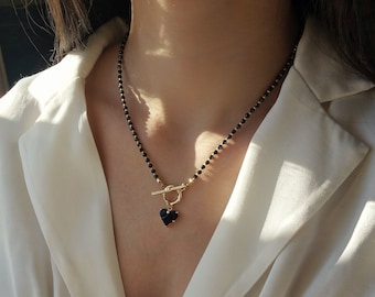 Black Spinel Necklace with Heart Pendant, Toggle Necklace for Women, Wife Anniversary Gift, Dainty Long Necklace, Gemstone Jewelry for Her