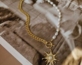 Half Chain Half Pearl Necklace with Removable Sun Pendant