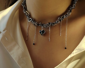 Collier de chaîne torsadée avec pendentif coeur, collier de déclaration chaînes en argent, cadeau de Saint-Valentin pour petite amie, cadeau de bijoux pour elle