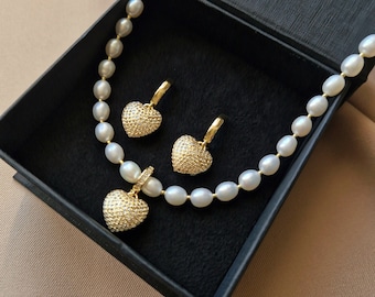 Pearl Necklace with Gold Heart Pendant and Earrings Set, Valentine Gift for Girlfriend, Anniversary Gift for Wife, Real Pearl Necklace