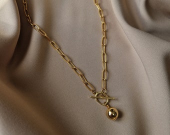 Paperclip Chain Necklace with Gold Filled Ball Pendant