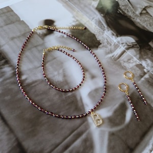 Garnet jewelry set as gift, Choker necklace, Initial choker, Custom choker, Personalize necklace, Everyday necklace, Summer jewelry